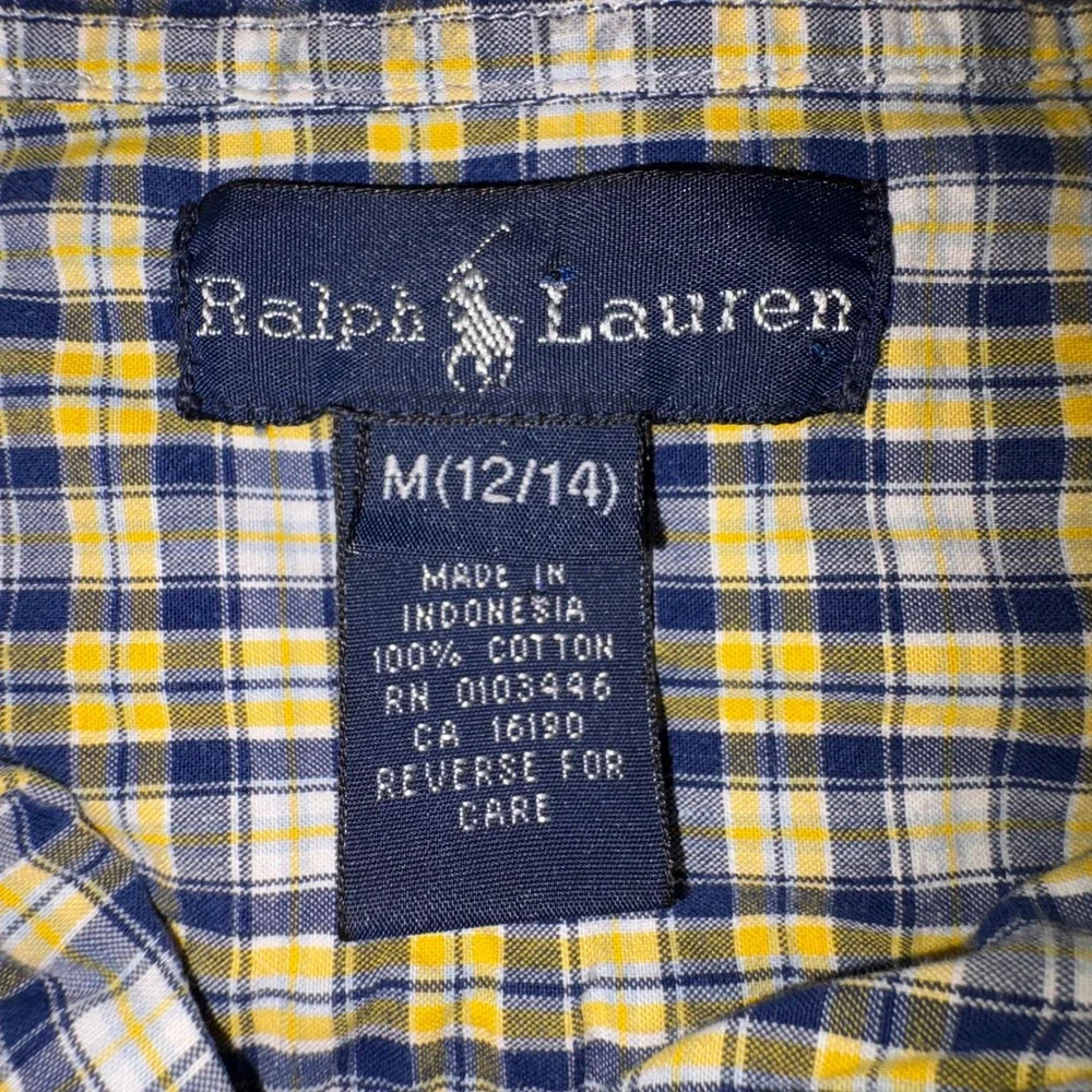 Ralph Lauren Boys M 12-14 Plaid Button Down Shirt Yellow Navy Blue Cotton Pony